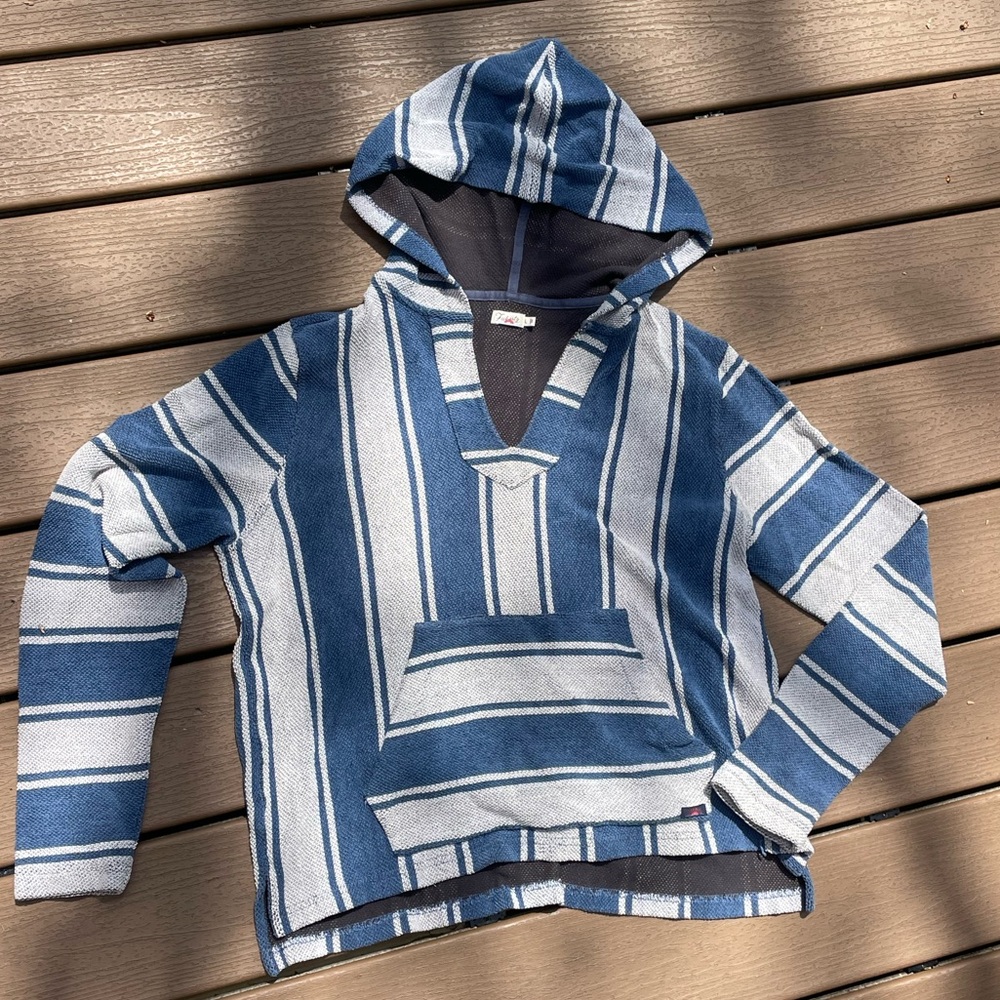 Faherty seabrook poncho striped sweatshirt grey navy Baja hoodie